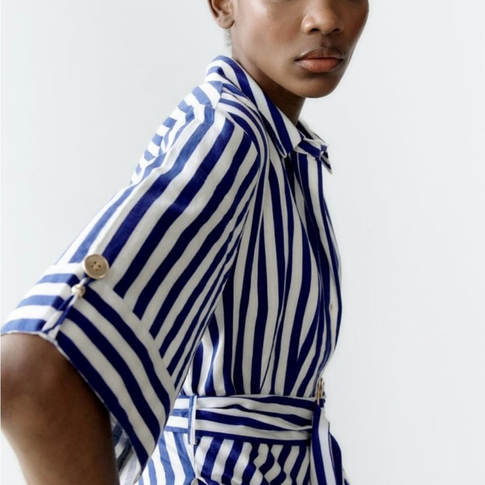 Zara Blue and White Striped Midi Dress - Picture 3 of 10